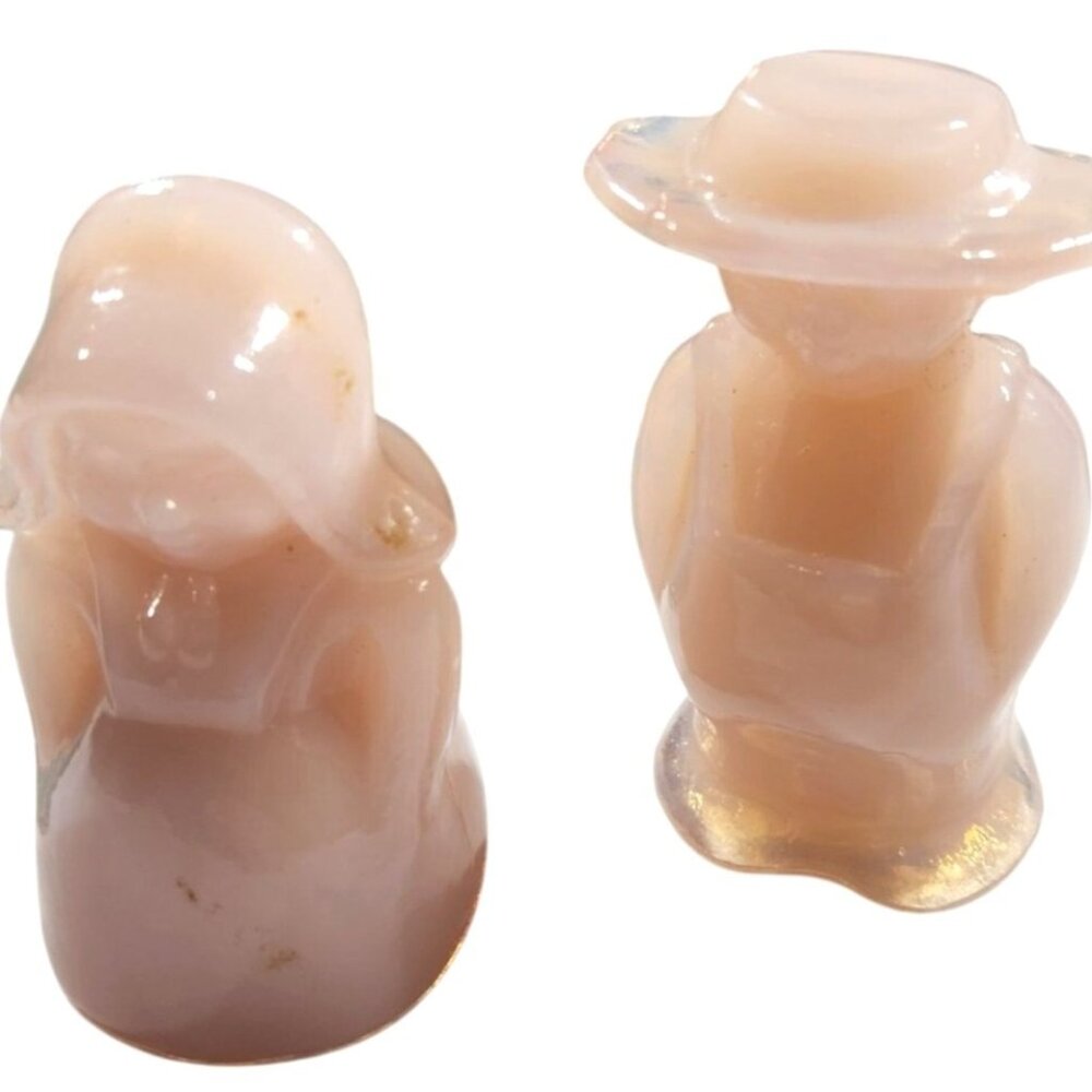 Vtg Pink glass Farmer Wife Figurines Miniatures Boyd Eli Sara Amish Art Decor